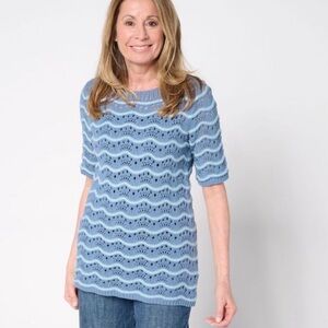 NWT Denim & Co. Top Sweater 100% Cotton Pointelle Elbow Blue A689745 Crochet XL
